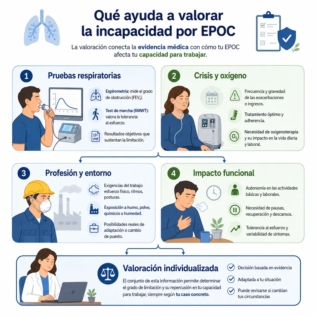 Infografía sobre la relación entre pruebas respiratorias, profesión habitual y valoración de la incapacidad por EPOC
