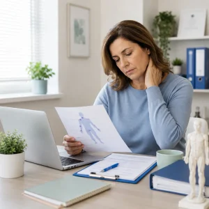 Enfermedades Persona revisando documentación médica relacionada con incapacidad por fibromialgia y dolor crónico