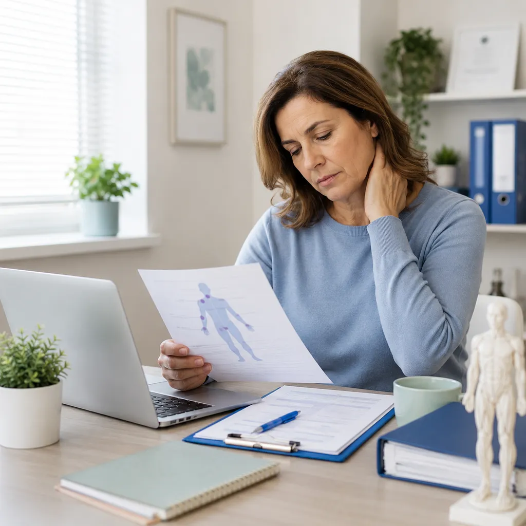 Persona revisando documentación médica relacionada con incapacidad por fibromialgia y dolor crónico