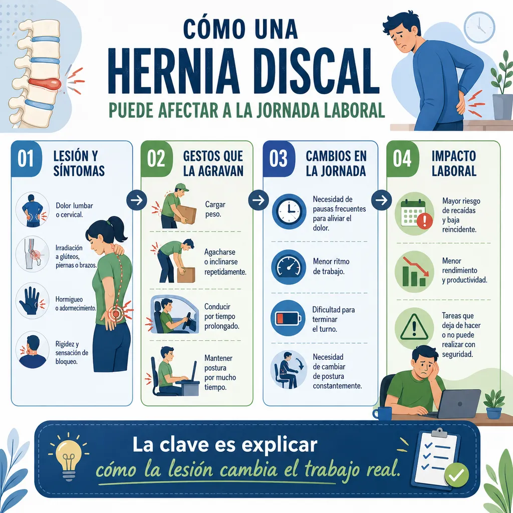 Esquema visual sobre cómo una hernia discal puede afectar a la jornada laboral