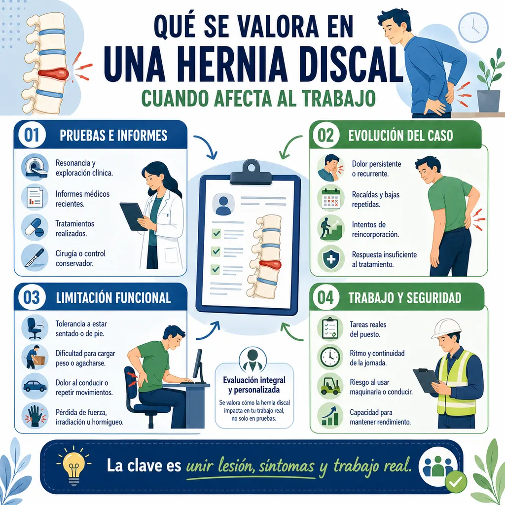 Esquema sobre qué se valora en una hernia discal cuando afecta al trabajo