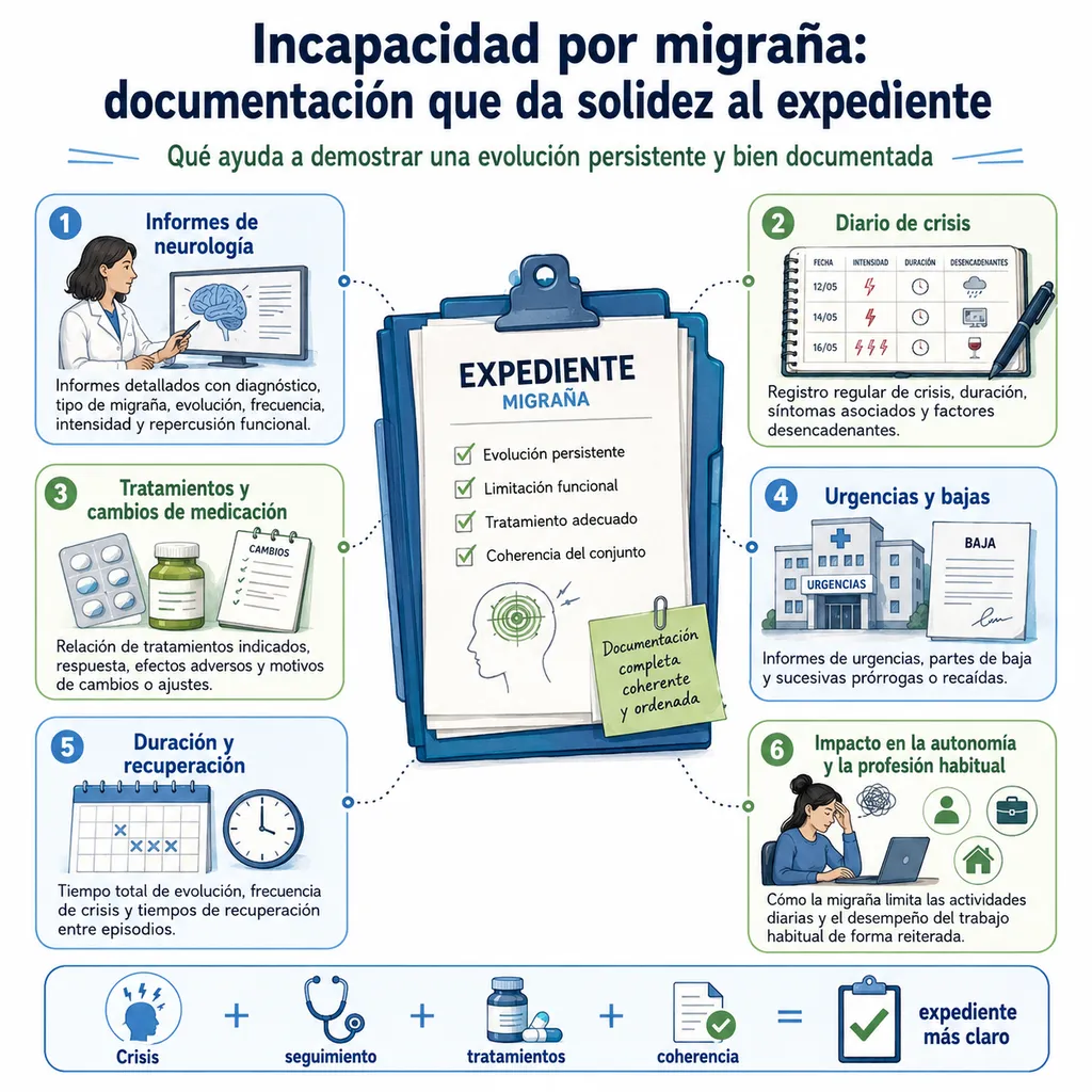 Documentación útil para reforzar una solicitud de incapacidad por migraña con informes, diario de crisis y seguimiento neurológico