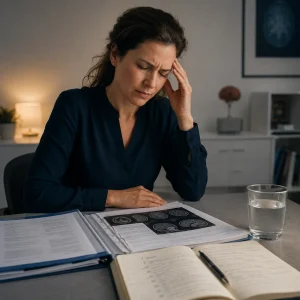 Enfermedades Persona revisando documentación médica relacionada con incapacidad por migraña y crisis recurrentes