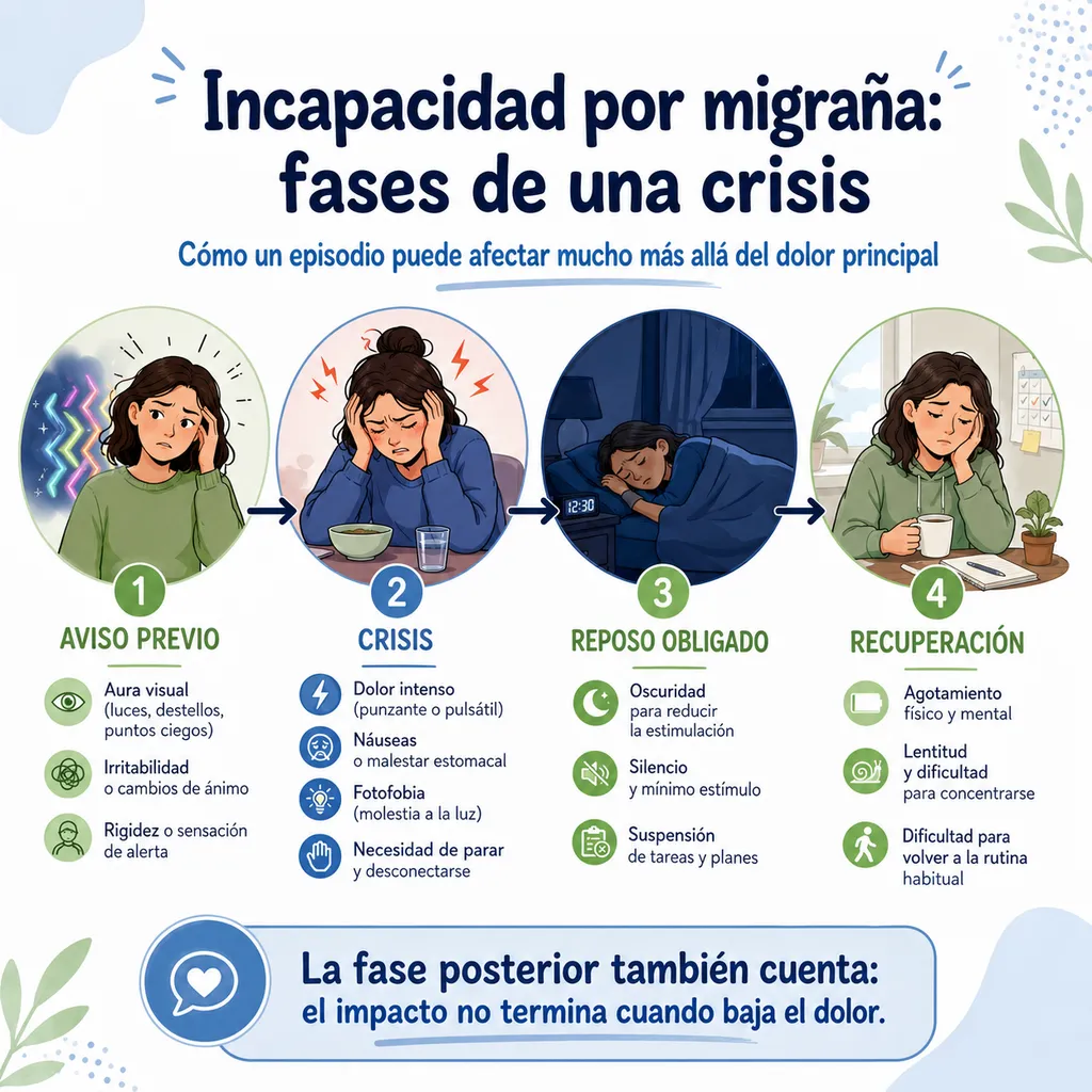 Incapacidad por migraña explicada mediante las fases de aviso, crisis, reposo y recuperación posterior