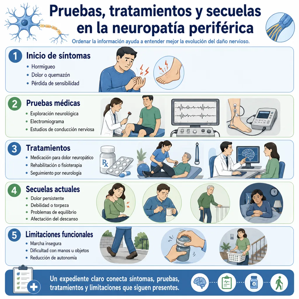 Orden del relato médico en incapacidad por neuropatía periférica con pruebas, tratamientos y secuelas