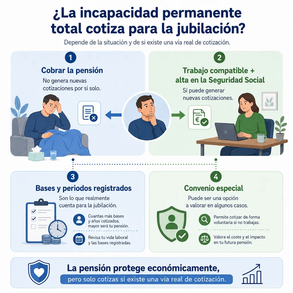 Esquema visual sobre pensión, trabajo compatible y cotización para jubilación