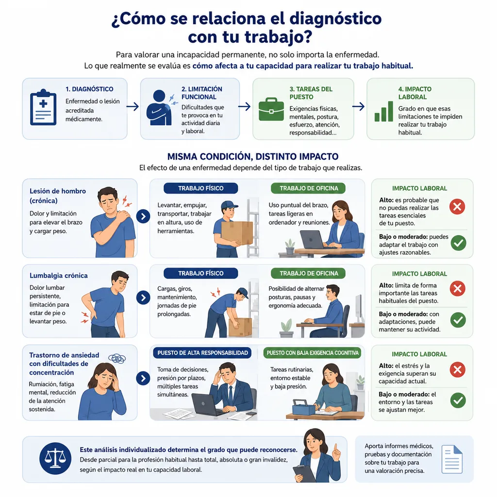 Infografía sobre diagnóstico, secuelas y repercusión laboral en incapacidad permanente