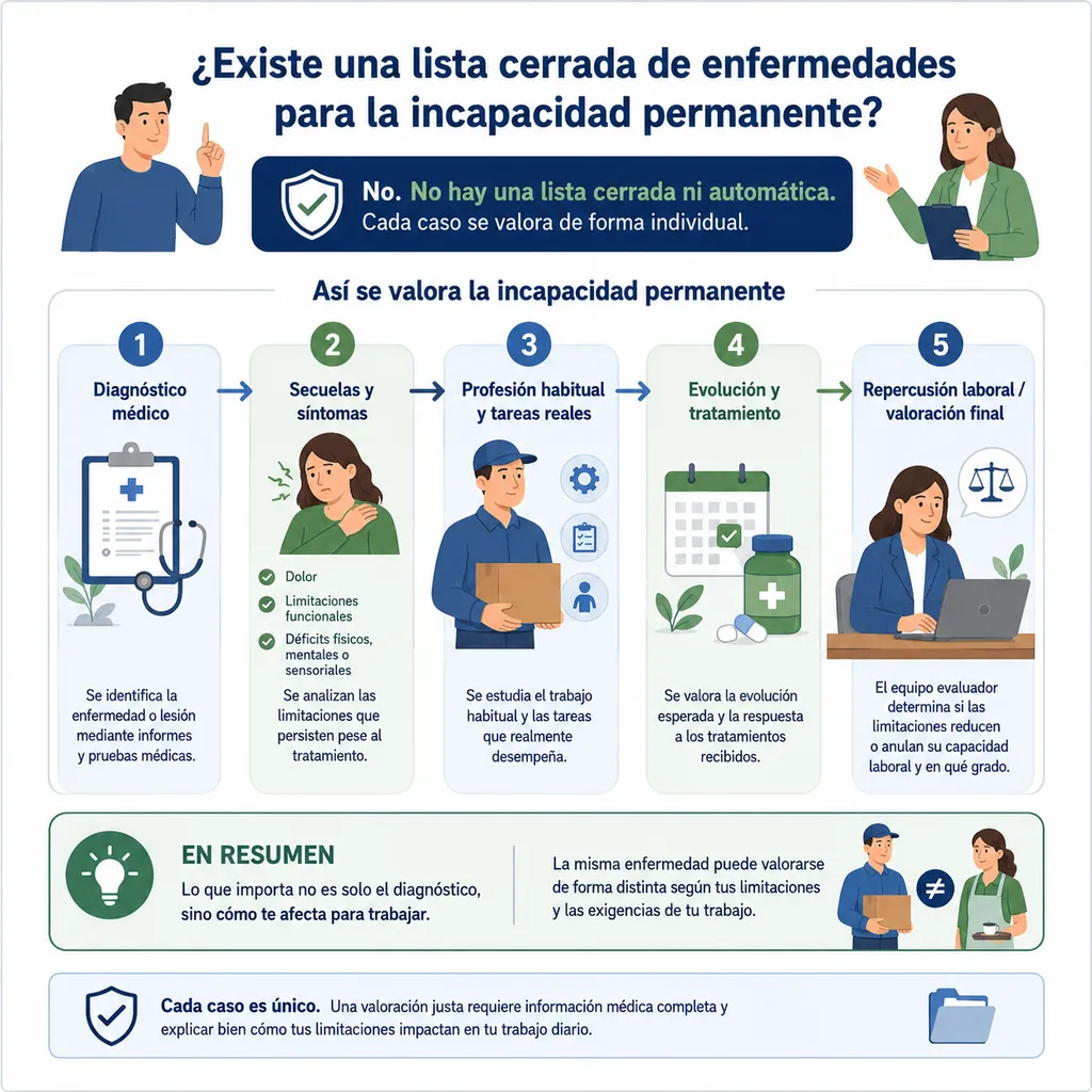 Infografía sobre informes médicos, pruebas y limitaciones para valorar una incapacidad permanente