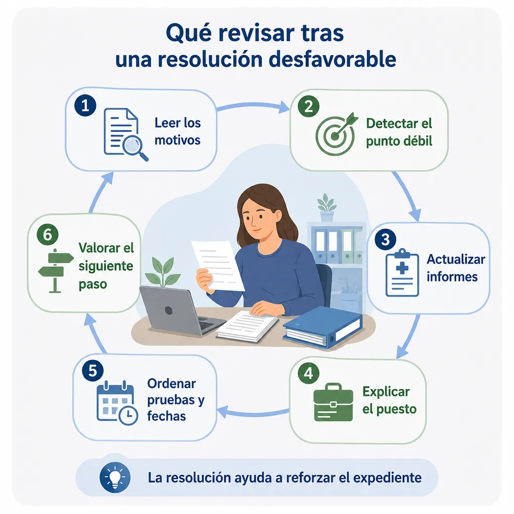 Mapa visual para revisar una resolución desfavorable por motivos para denegar incapacidad permanente