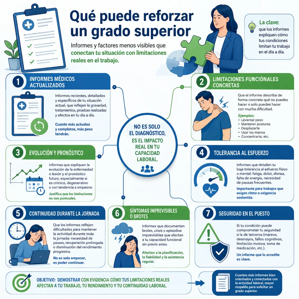 Infografía sobre informes útiles para defender un grado superior de incapacidad permanente