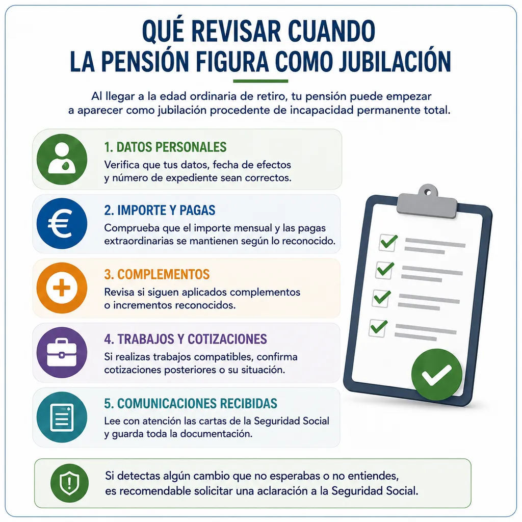 Cómo comprobar si la transición de incapacidad permanente total a jubilación está bien reflejada