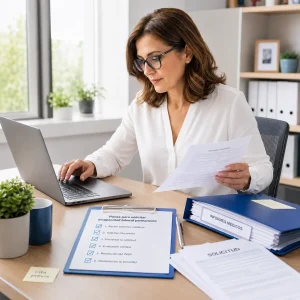 Recursos Mujer revisando informes médicos, solicitud y checklist con los pasos para solicitar una incapacidad laboral permanente