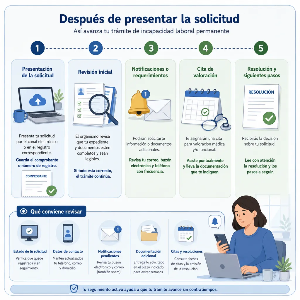 Infografía sobre el seguimiento de una solicitud de incapacidad laboral permanente ante el INSS y tribunal médico