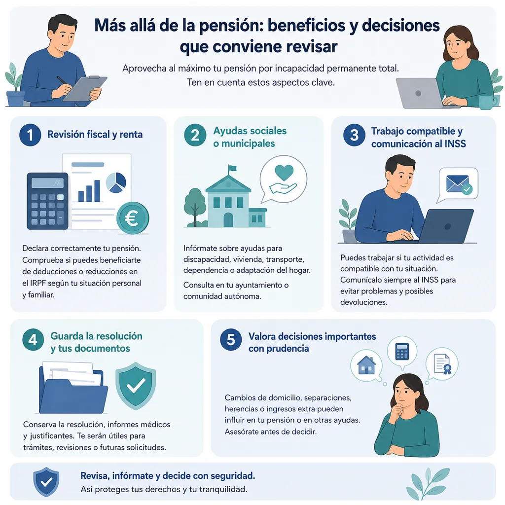 Infografía sobre beneficios fiscales sociales y decisiones tras una incapacidad permanente total