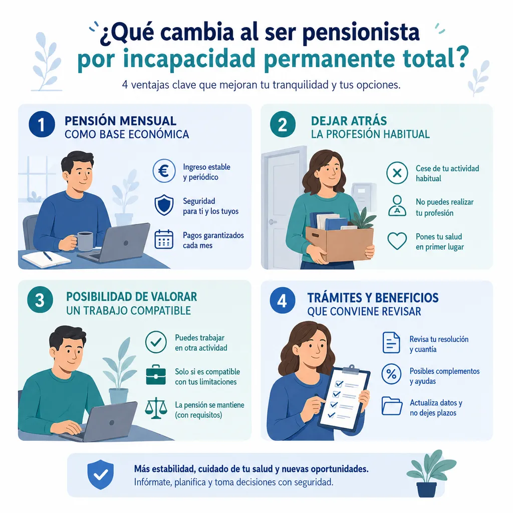 Infografía sobre qué cambia al ser pensionista por incapacidad permanente total