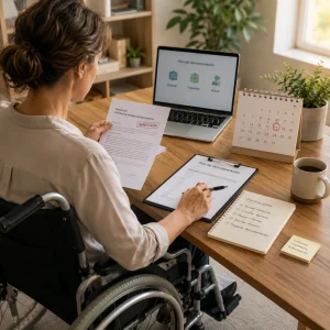 Denegación Persona en silla de ruedas organizando el plazo reincorporación tras denegación incapacidad permanente y preparando su vuelta al trabajo