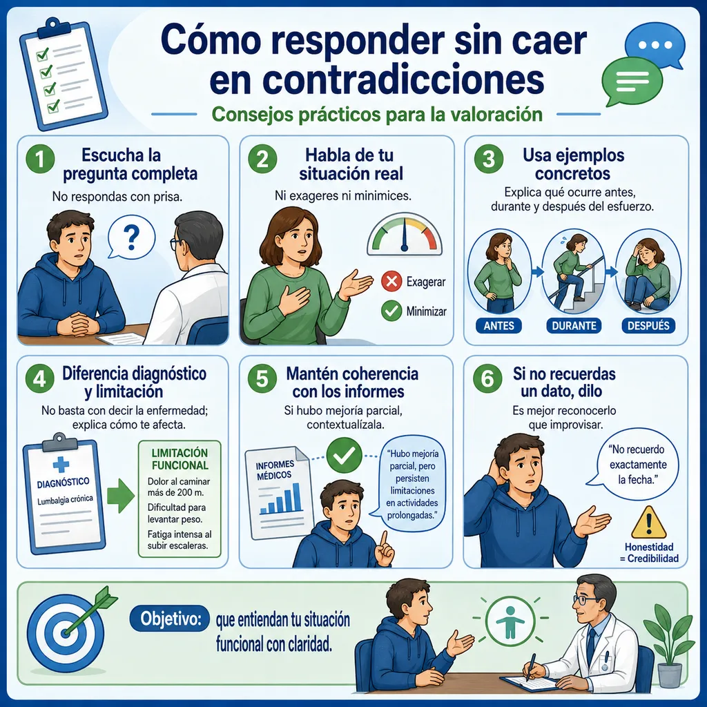 Infografía sobre cómo explicar limitaciones de la vida diaria durante una valoración del tribunal médico