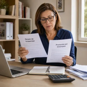 Pensiones Mujer revisando una pensión de incapacidad y una prestación por desempleo para valorar si puedo cobrar pensión incapacidad y paro