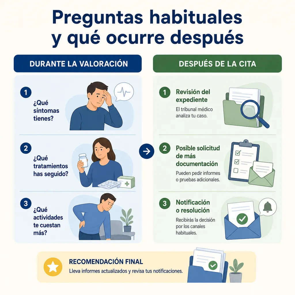 Infografía sobre preguntas habituales del tribunal médico y pasos posteriores a la valoración