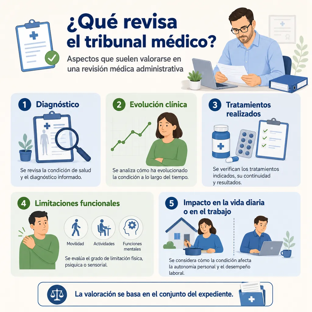 Infografía sobre los aspectos que revisa el tribunal médico en una valoración