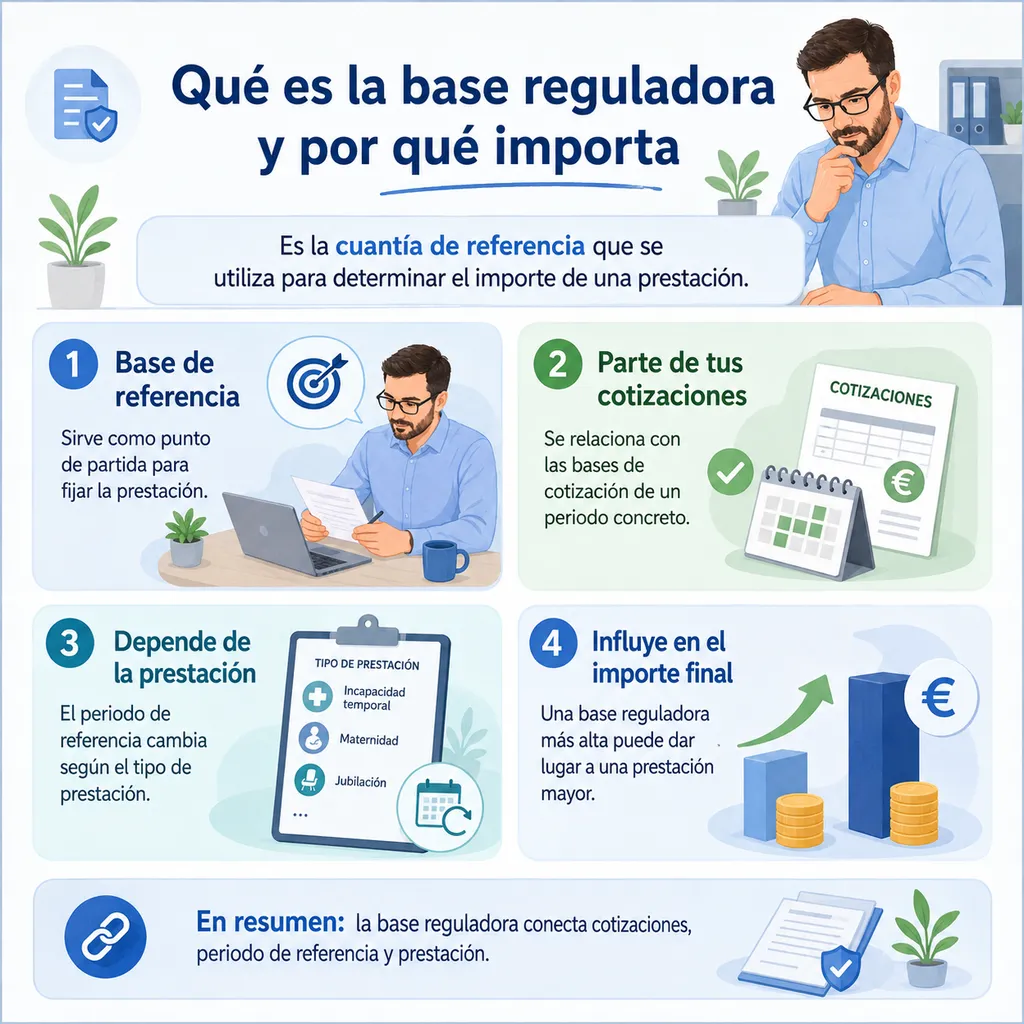 Infografía sobre la relación entre salario, bases de cotización, base reguladora y prestación final