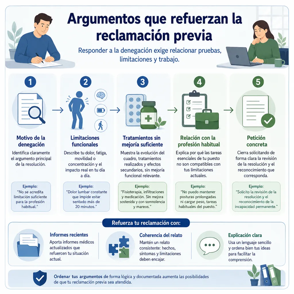 Infografía cuadrada sobre cómo ordenar argumentos en una reclamación previa contra denegación de incapacidad permanente