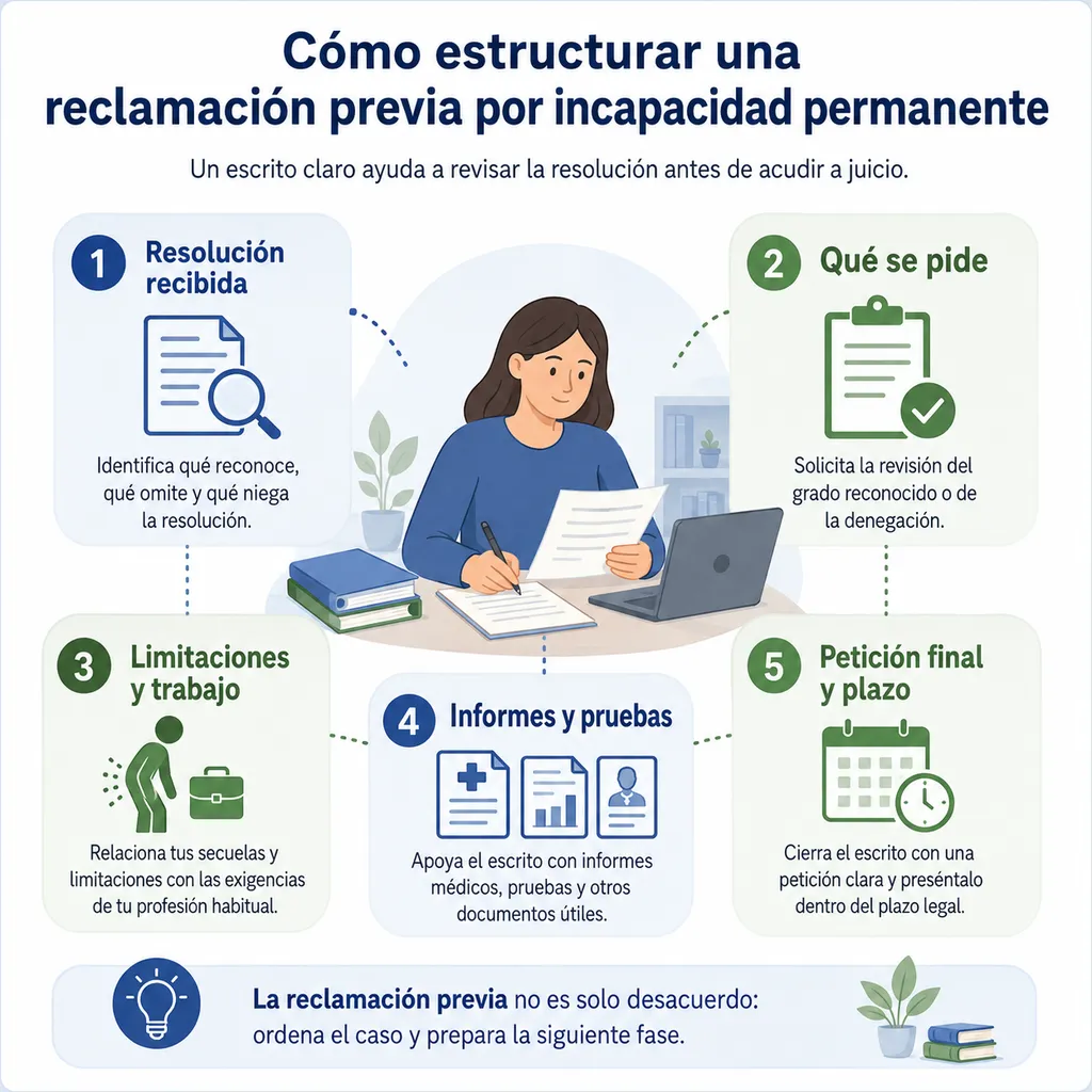 Infografía cuadrada sobre la estructura de una reclamación previa por incapacidad permanente antes de acudir a juicio