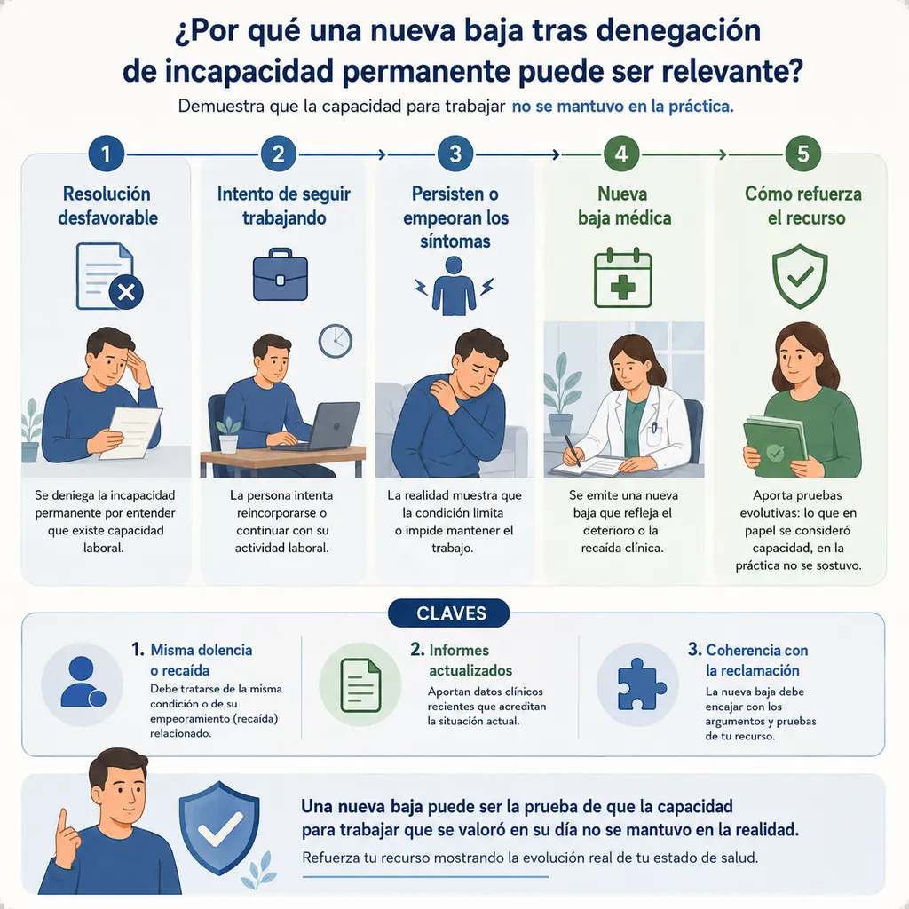 Nueva baja tras denegación incapacidad permanente explicada dentro de la evolución del recurso