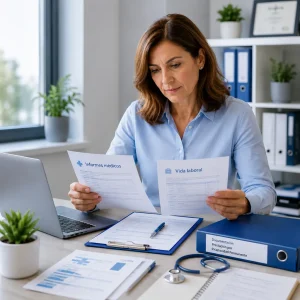Incapacidad Permanente Trabajadora revisando informes médicos y vida laboral para valorar los requisitos de la incapacidad permanente