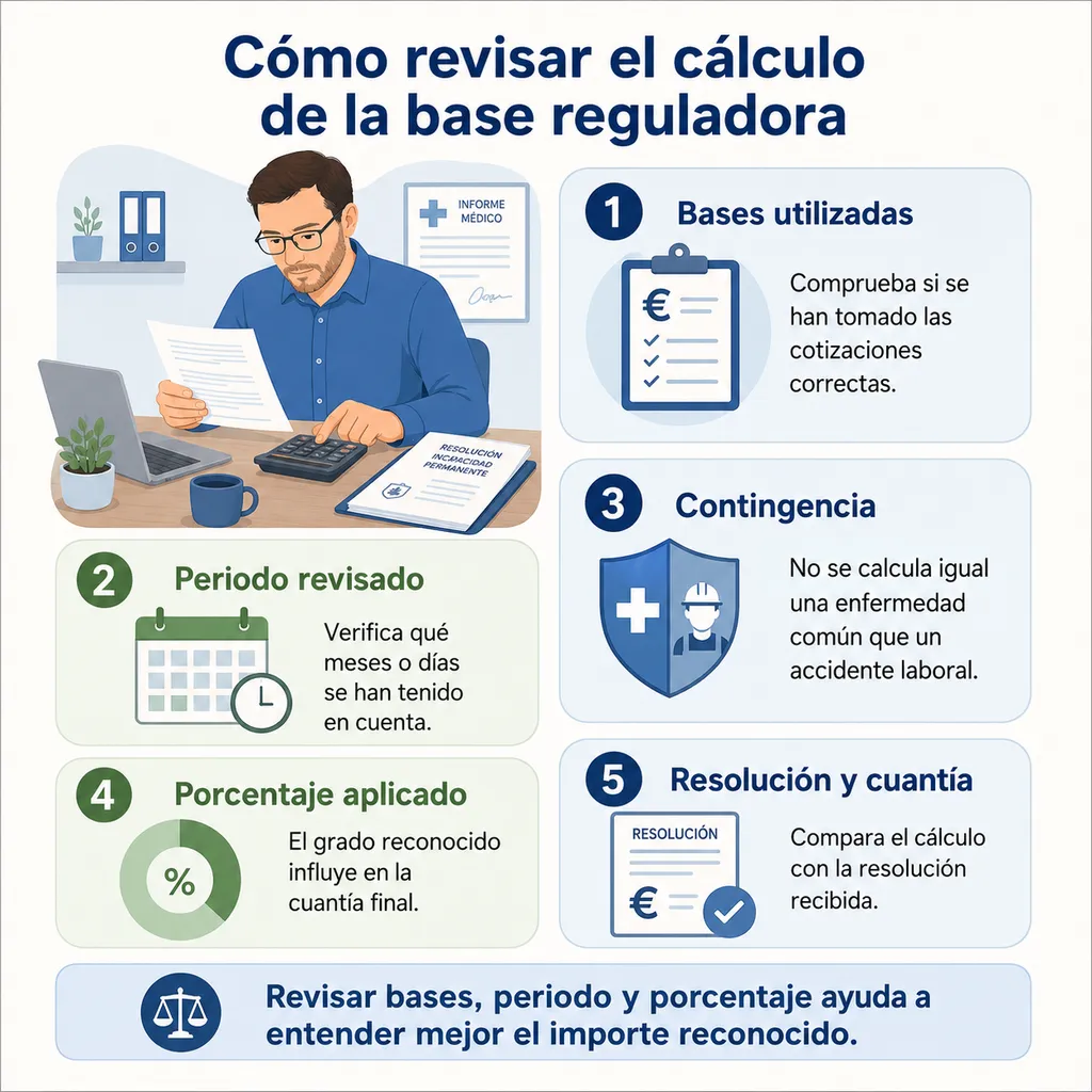 Infografía sobre cómo revisar bases, periodos y porcentajes en el cálculo de la base reguladora