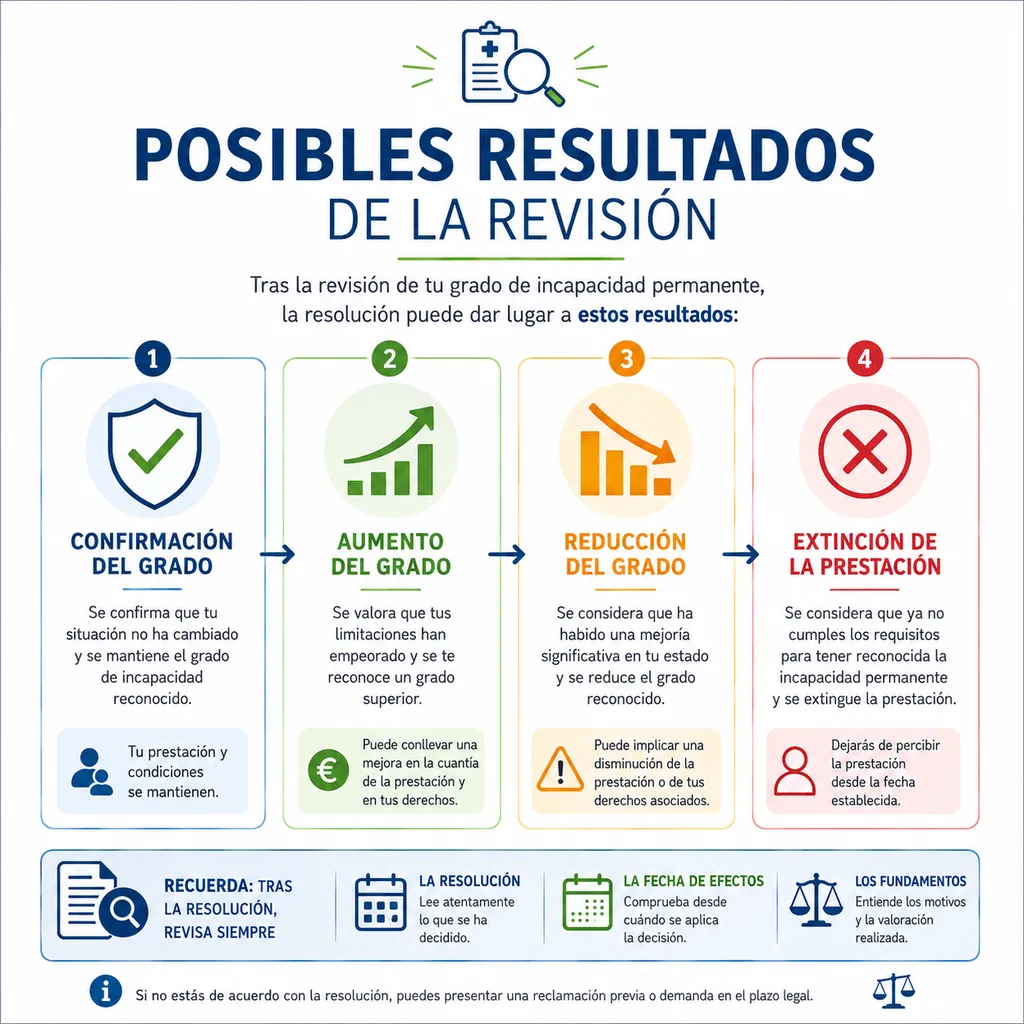 Infografía sobre los posibles resultados de una revisión de grado de incapacidad permanente