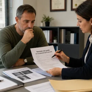 Denegación Persona revisando documentación médica y laboral en una revisión de grado de incapacidad permanente