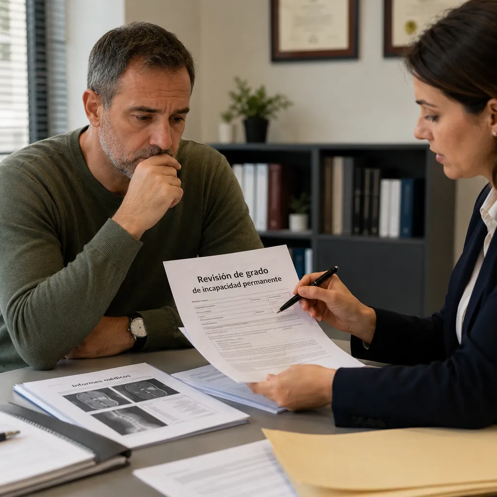 Persona revisando documentación médica y laboral en una revisión de grado de incapacidad permanente