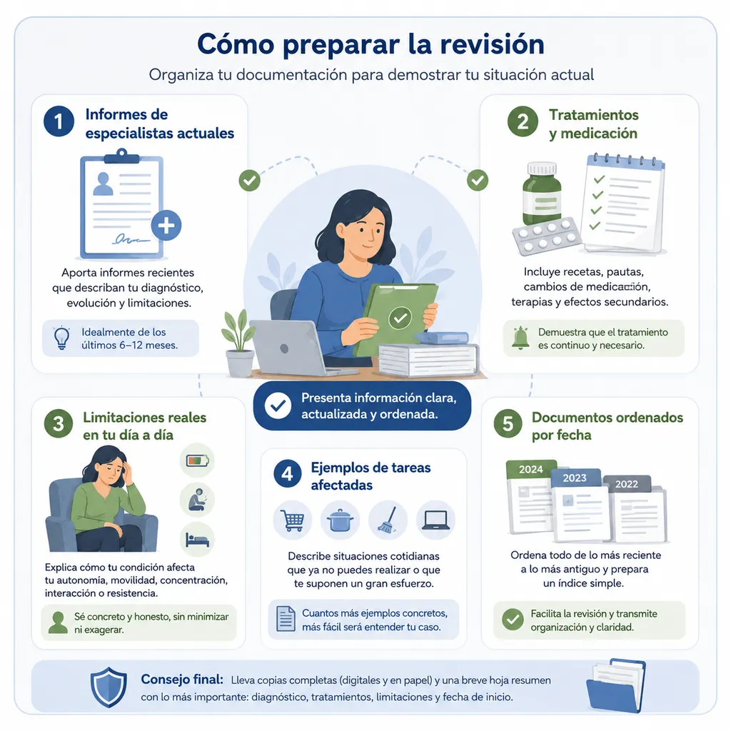 Infografía sobre cómo ordenar informes, tratamientos y limitaciones antes de una revisión de incapacidad permanente absoluta