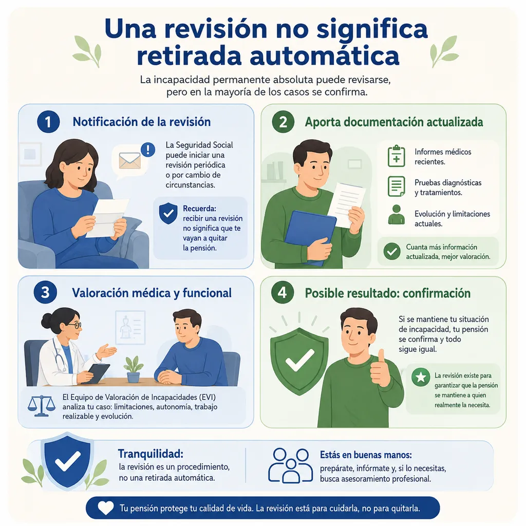Infografía sobre por qué una revisión de incapacidad permanente absoluta no implica perder automáticamente la pensión