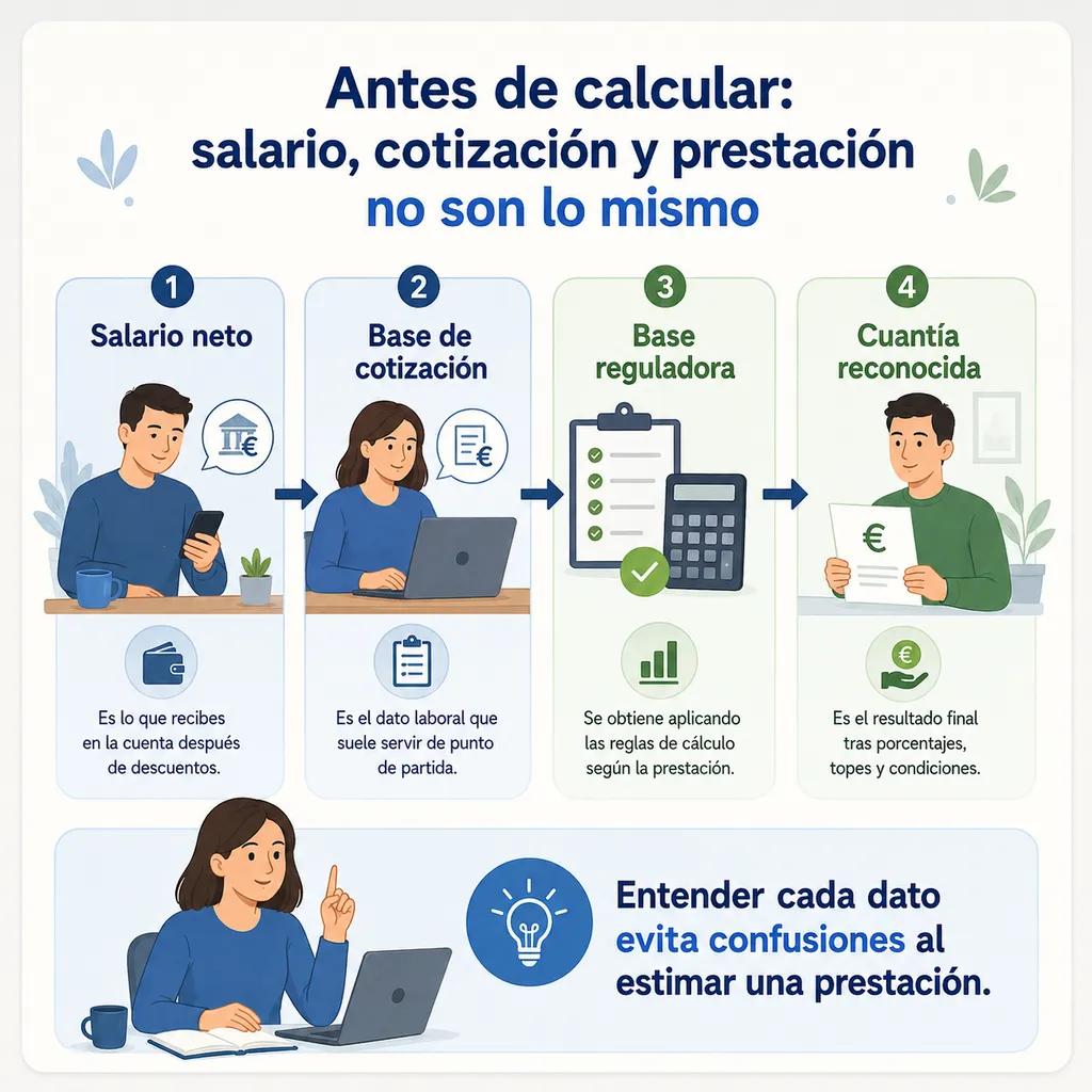 Infografía sobre la diferencia entre salario, cotización y base reguladora en una prestación