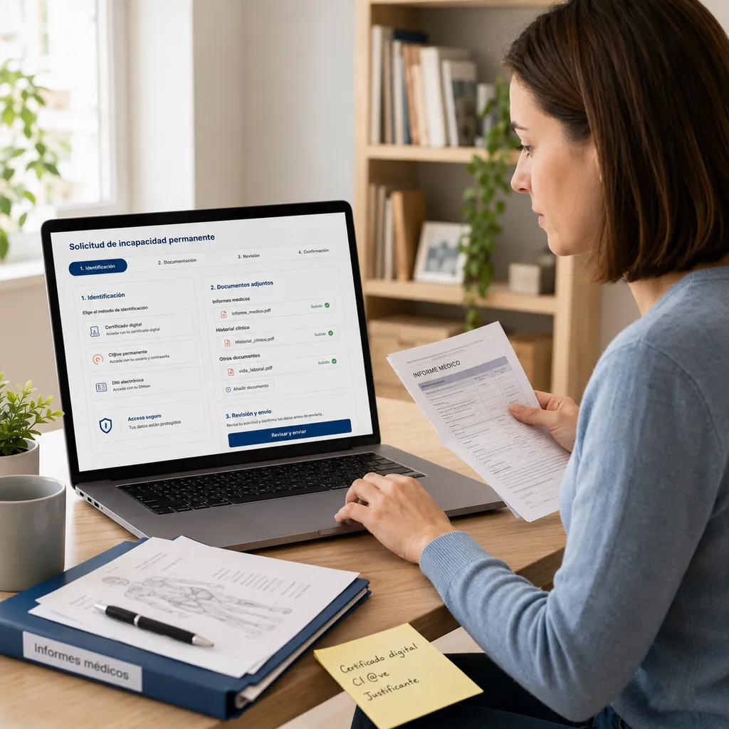 Mujer preparando una solicitud incapacidad permanente online INSS con ordenador, informe médico y carpeta de documentos