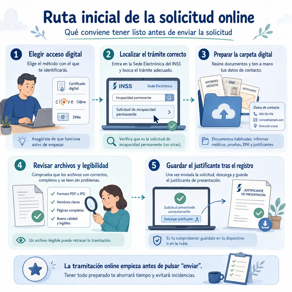 Infografía sobre la ruta inicial para presentar una solicitud de incapacidad permanente online en el INSS
