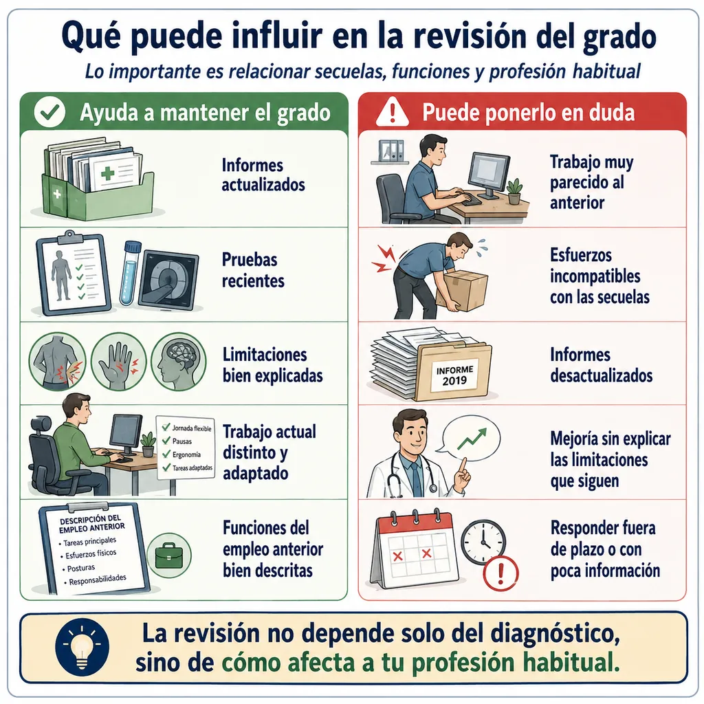 Infografía sobre trabajo compatible y documentación en la revisión de incapacidad permanente total