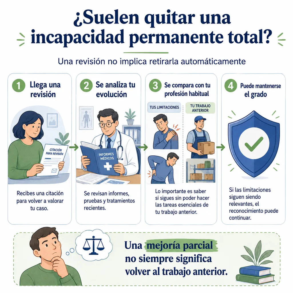 Infografía explicativa sobre revisión de incapacidad permanente total y continuidad del grado