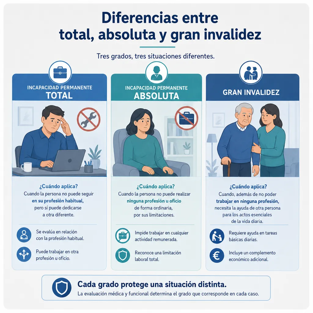 Infografía explicativa sobre la diferencia entre incapacidad permanente total, absoluta y gran invalidez