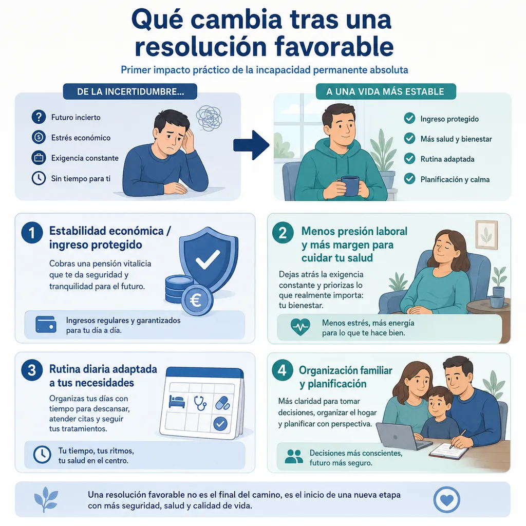 Infografía explicativa sobre los primeros efectos de la incapacidad permanente absoluta en la economía, la salud y la organización familiar