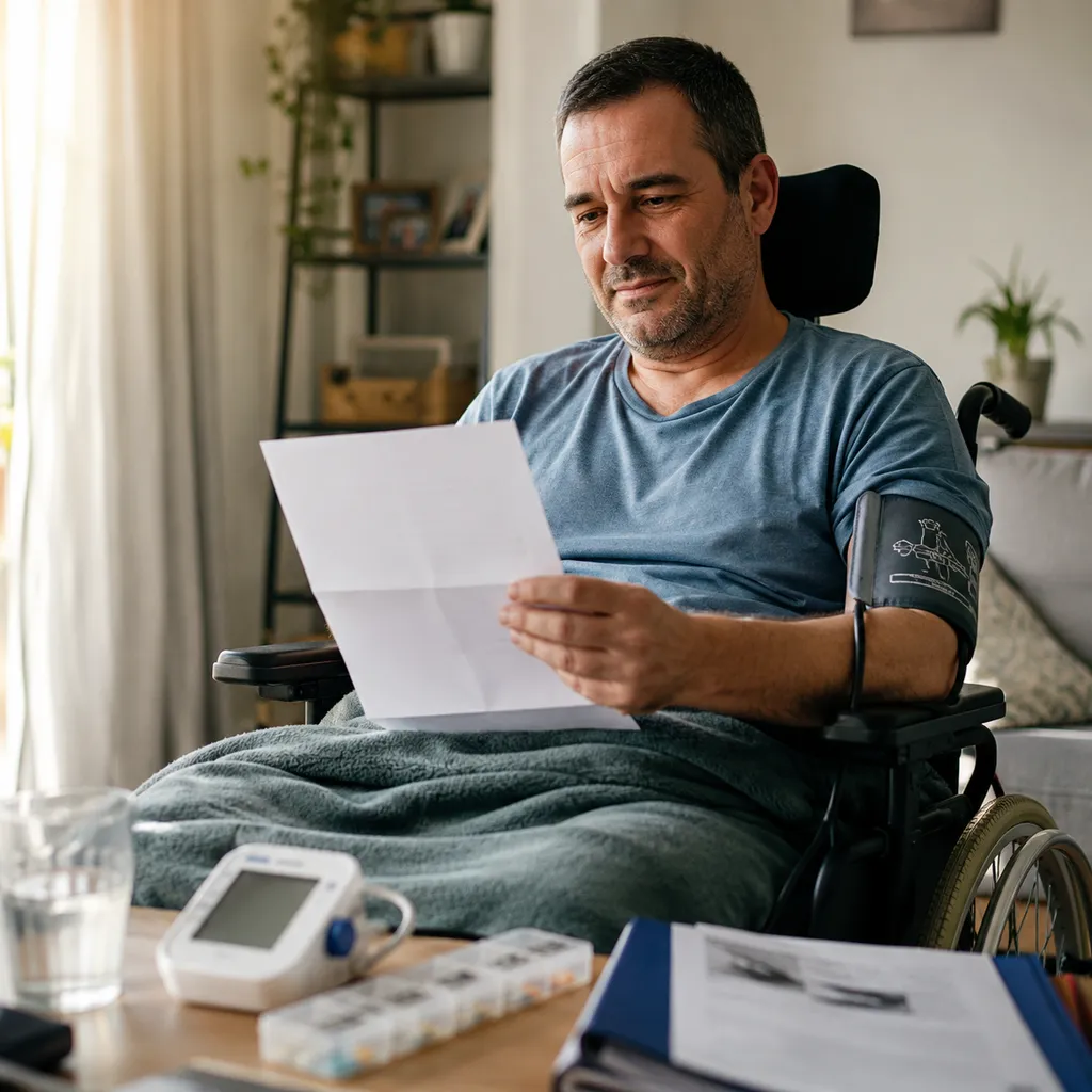 Persona en silla de ruedas revisando una resolución sobre las ventajas de la incapacidad permanente absoluta en casa