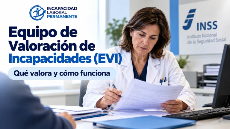 Equipo de Valoración de Incapacidades EVI: médica del INSS revisando un expediente de incapacidad permanente